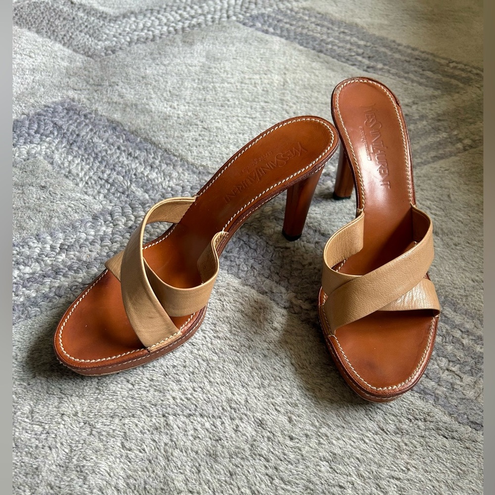 Yves Saint Laurent Tan Leather Heels with Cross-Strap Design